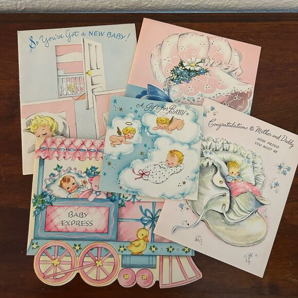 5x Vintage 50s/60s Welcome Baby Congratulations Cards Ephemera Scrapbook - Picture 1 of 14